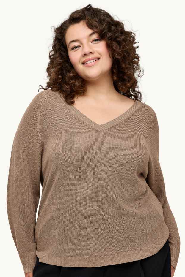 Damen - Pullover mit V-Ausschnitt - Glanz-Effekt - hellbraun