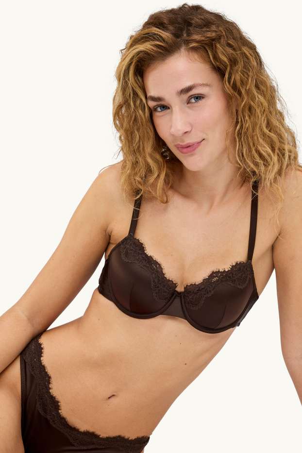 Femei - Sutien din satin cu armătură - DEMI - vătuit - maro închis