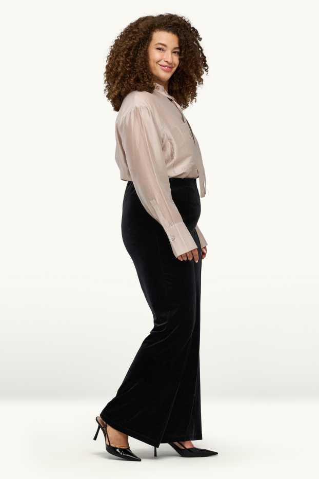 Donna - Pantaloni di velluto - vita alta - gamba larga - nero