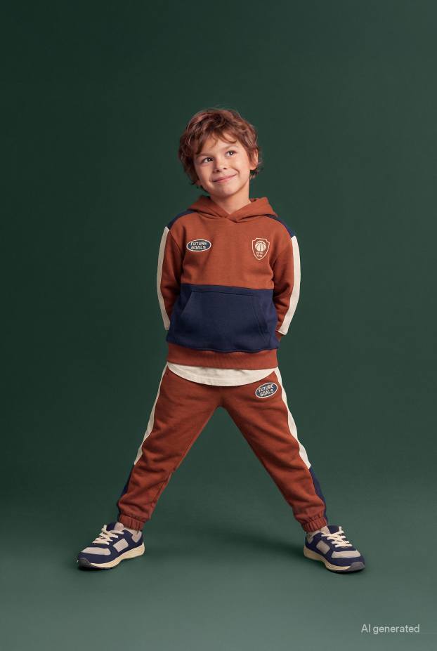 Children Boys - Basketball - set - hoodie and joggers - 2 piece - brown / dark blue