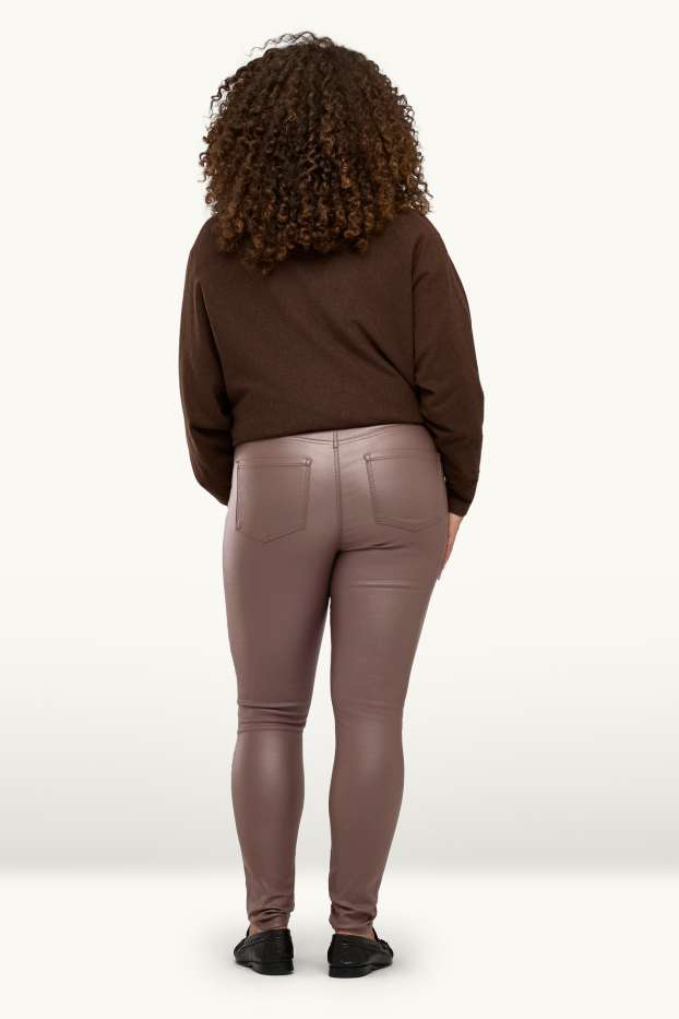 Dámské - Plátěné kalhoty - mid waist - skinny fit - imitace kůže - taupe