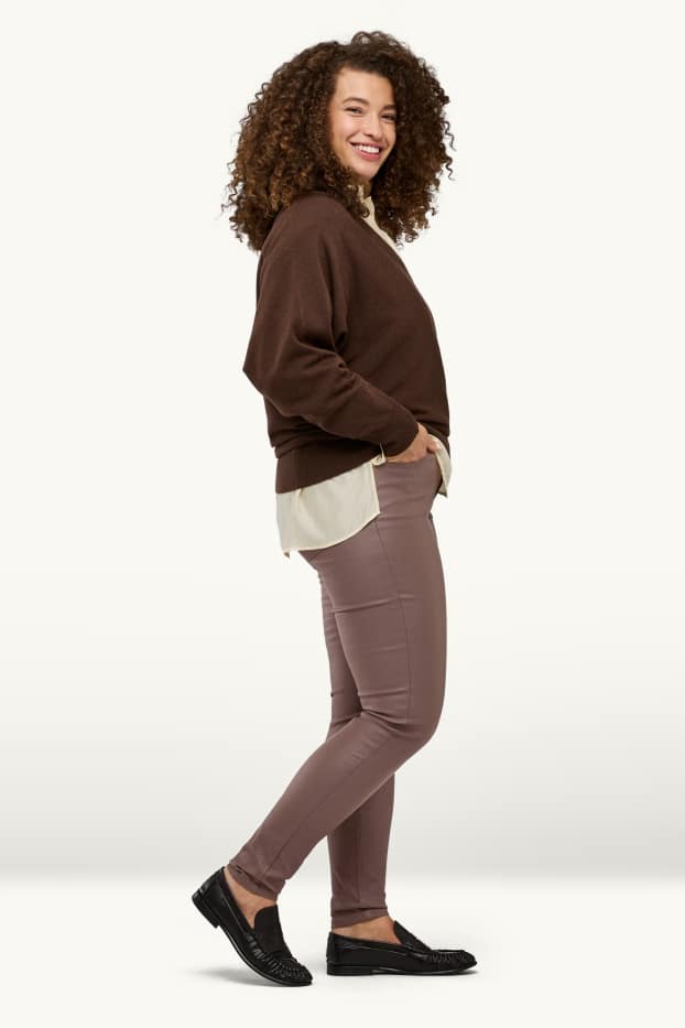 Dámské - Plátěné kalhoty - mid waist - skinny fit - imitace kůže - taupe