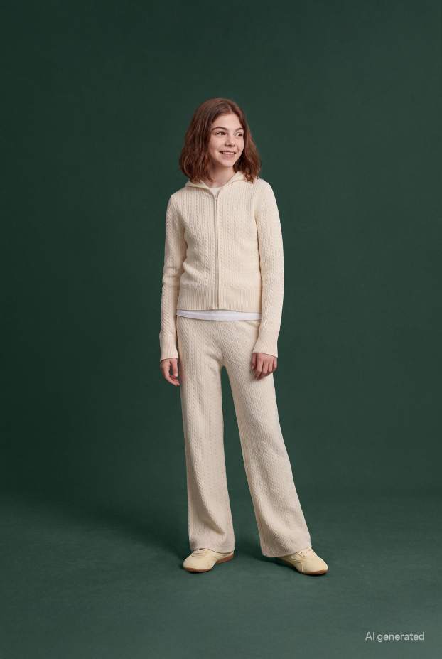 Bambine - Coordinato - cardigan e pantaloni di stoffa - 2 pezzi - motivo a treccia - crema