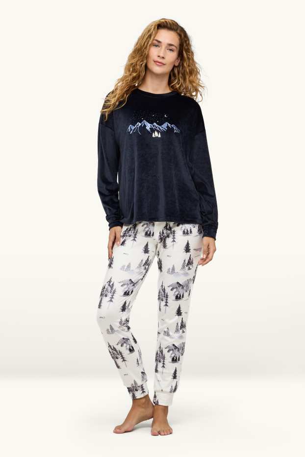Femmes - Pyjama d’hiver - effet brillant - bleu foncé / blanc crème