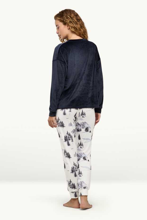 Femmes - Pyjama d’hiver - effet brillant - bleu foncé / blanc crème