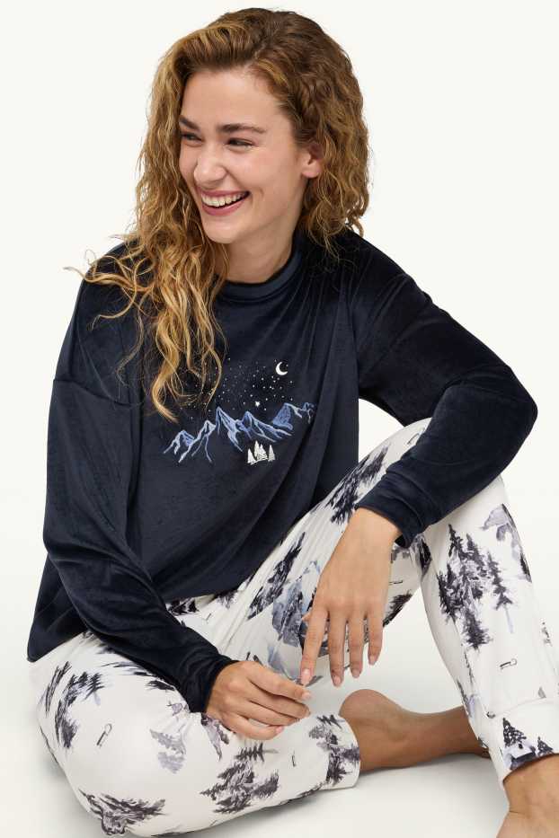 Femmes - Pyjama d’hiver - effet brillant - bleu foncé / blanc crème