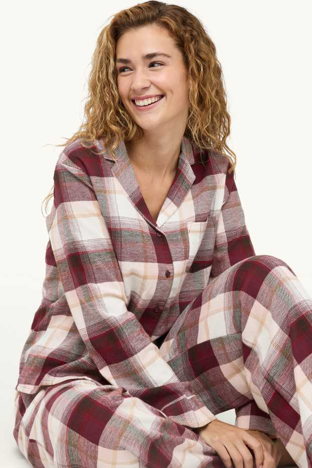 Dona - Pijama de franel·la - de quadres - beix/bordeus