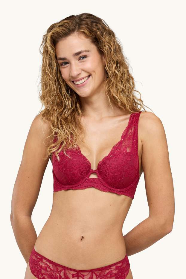 Femmes - Soutien-gorge avec armatures - PLUNGE - ampliforme - effet brillant - rouge