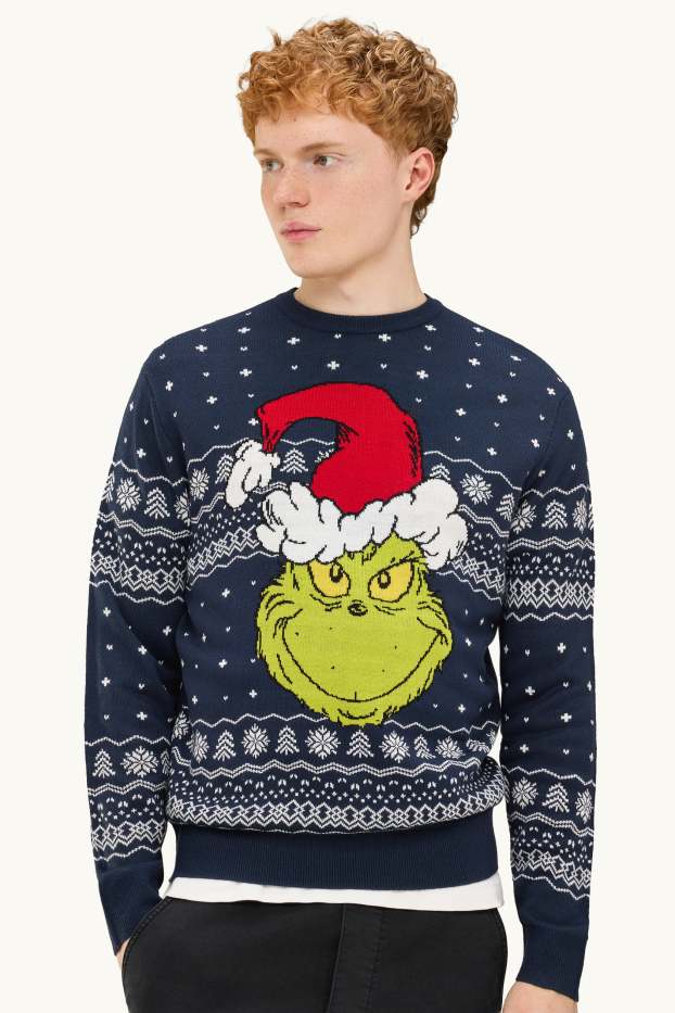 Bărbați - Pulover cu motive de Crăciun - Grinch - albastru închis / alb
