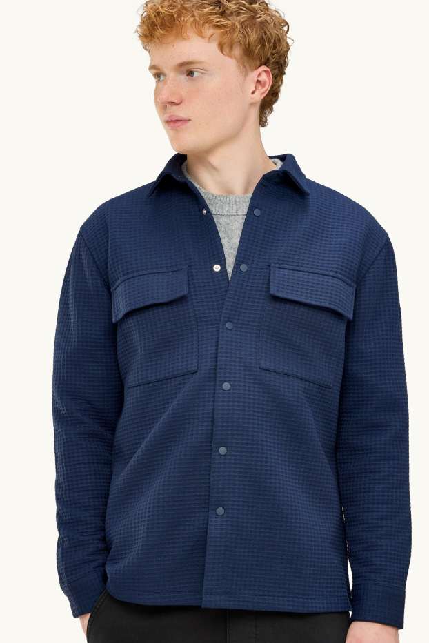 Heren - Overhemdjas - relaxed fit - kent - met structuur - donkerblauw