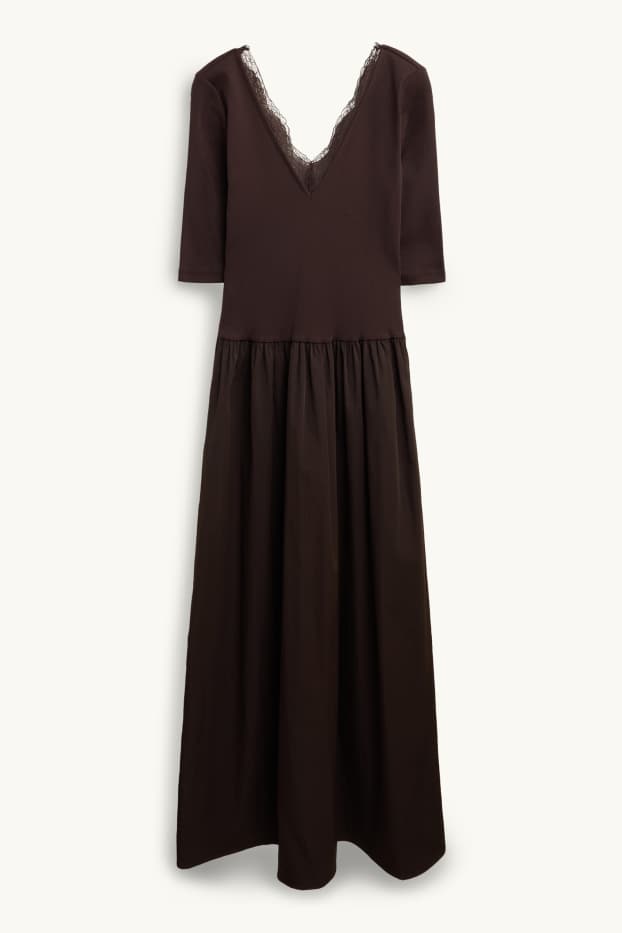 Femei - Rochie fit & flare cu decolteu în V - reiată - maro închis