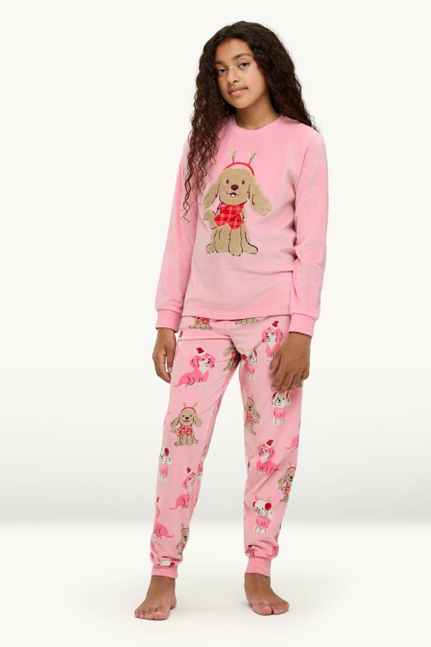 Children Girls - Dog - fleece Christmas pyjamas - 2 piece - rose / beige