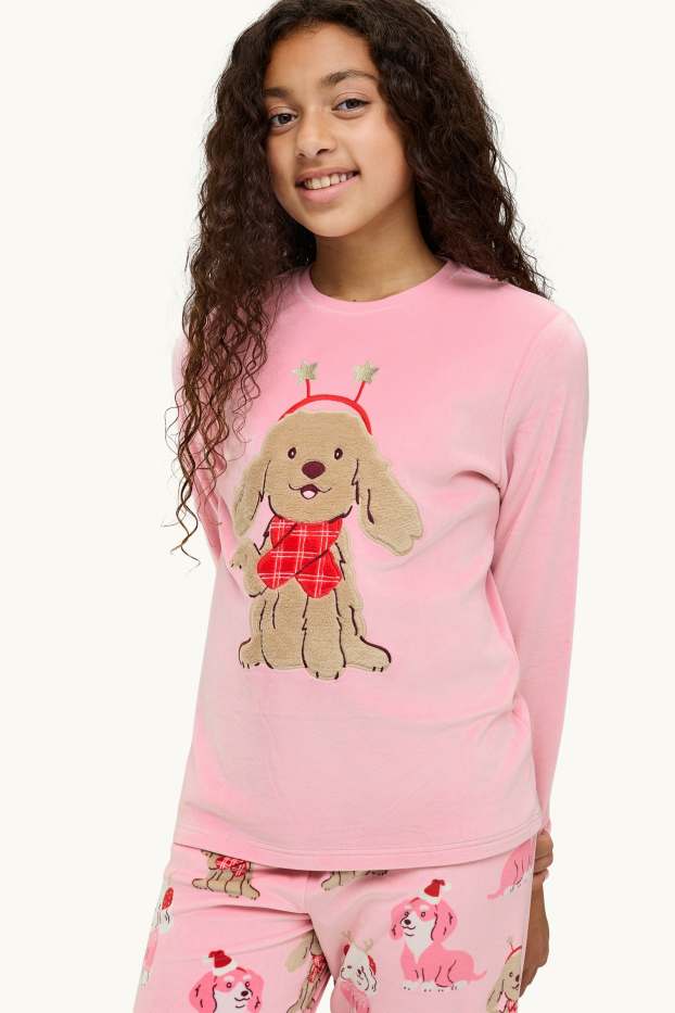 Children Girls - Dog - fleece Christmas pyjamas - 2 piece - rose / beige