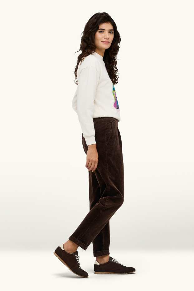 Femmes - Pantalon en velours côtelé - high waist - tapered fit - LYCRA® - marron foncé