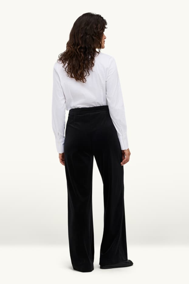 Damen - Samt-Hose - High Waist - Wide Leg - schwarz