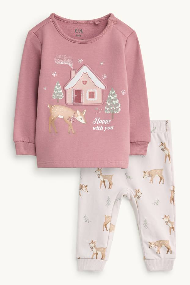 Baby Mädchen - Reh und Häuschen - Baby-Weihnachts-Pyjama - plüschgefüttert - zartrosa