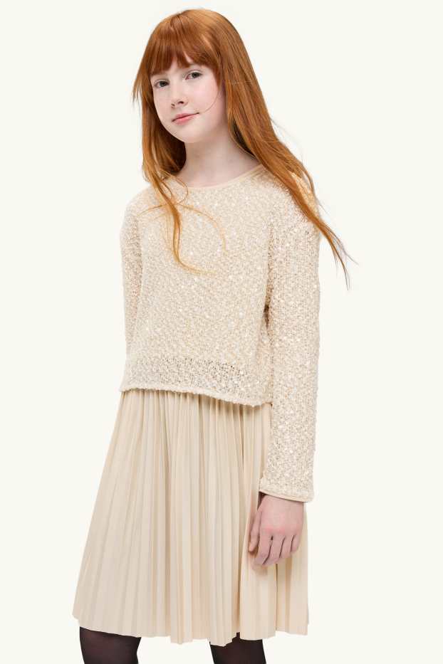 Enfants filles - Ensemble - robe et haut à manches longues - 2 pièces - finition texturée - crème