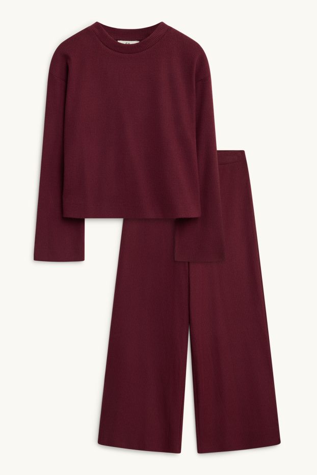 Kinderen: meisjes - Set - longsleeve en legging - geribd - 2-delig - bordeaux