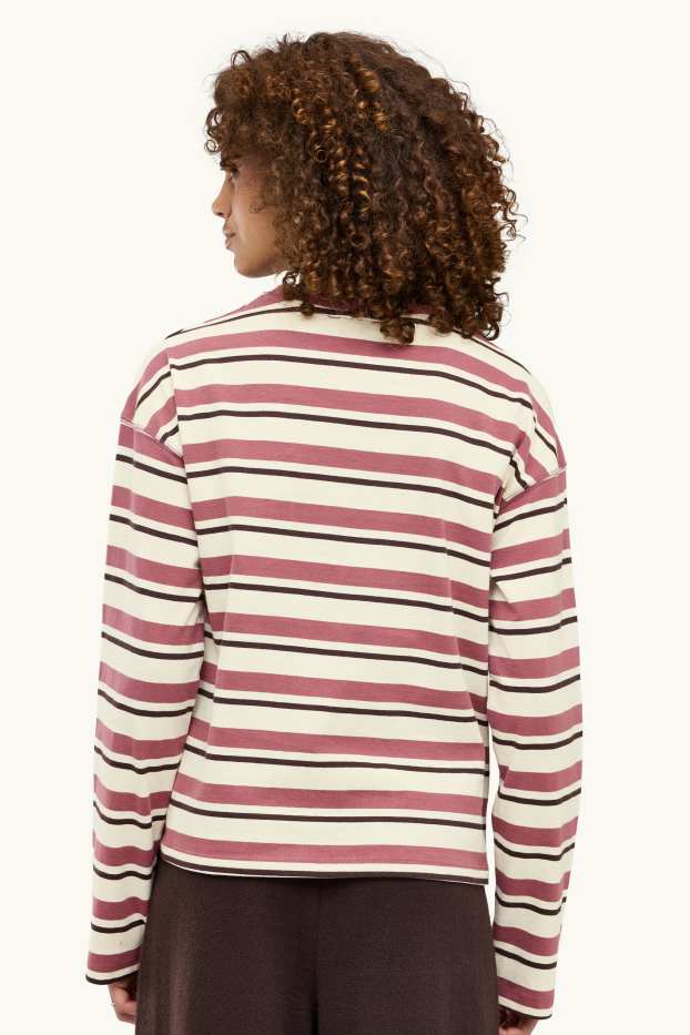 Dames - Longsleeve - oversized - gestreept - beige / bordeaux