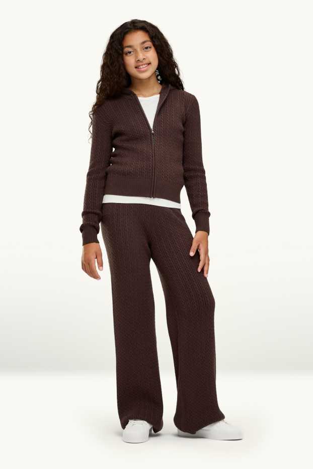 Kinder Mädchen - Set - Strickjacke und Stoffhose - 2 teilig - Zopfmuster - braun