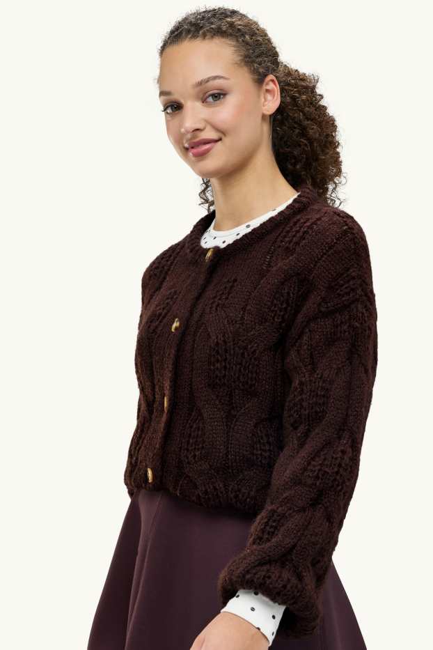 Donna - Cardigan - motivo a treccia - marrone scuro