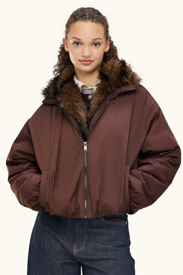 Damen - Jacke mit Kunstfellbesatz - gefüttert - braun