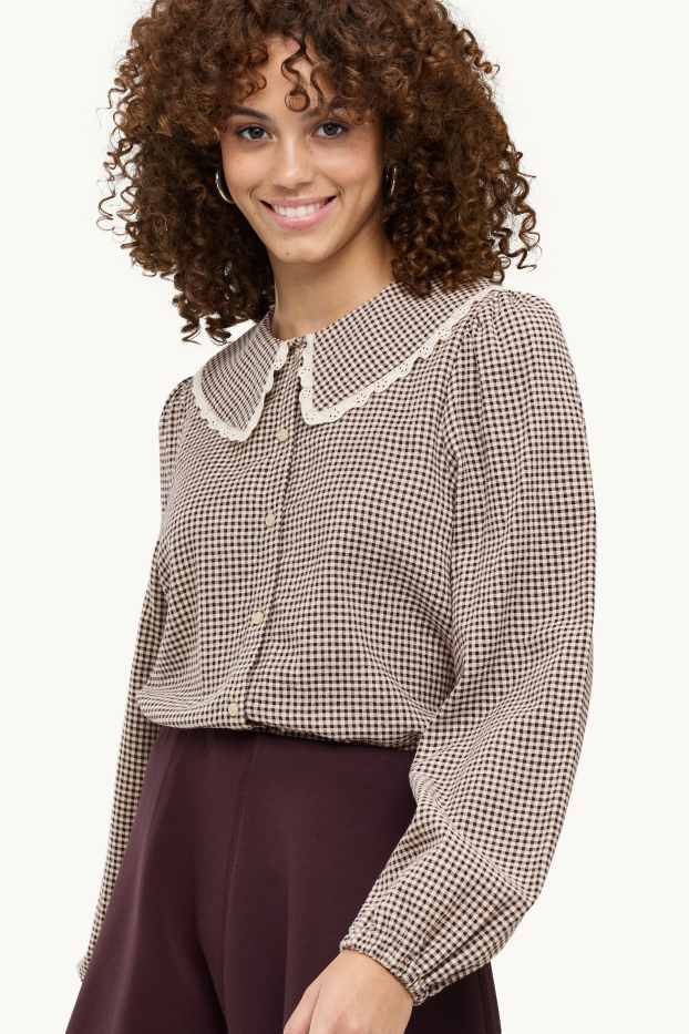 Dames - Blouse - geruit - bruin / beige
