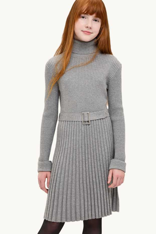 Copii - Fete - Rochie din tricot cu curea - reiată - gri