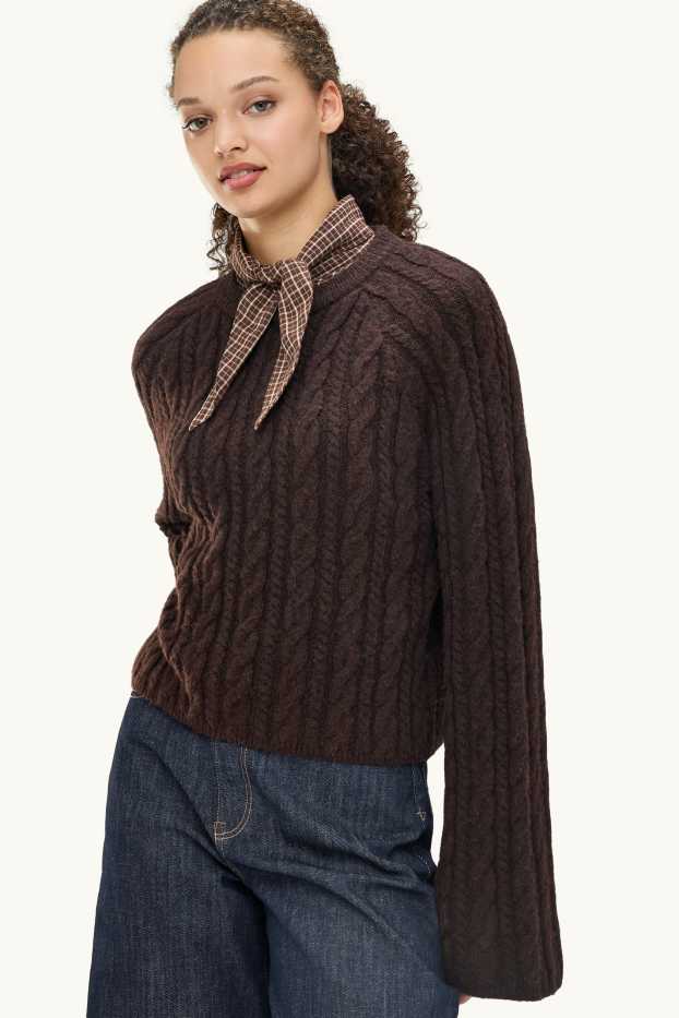 Women - Jumper - cable knit pattern - dark brown
