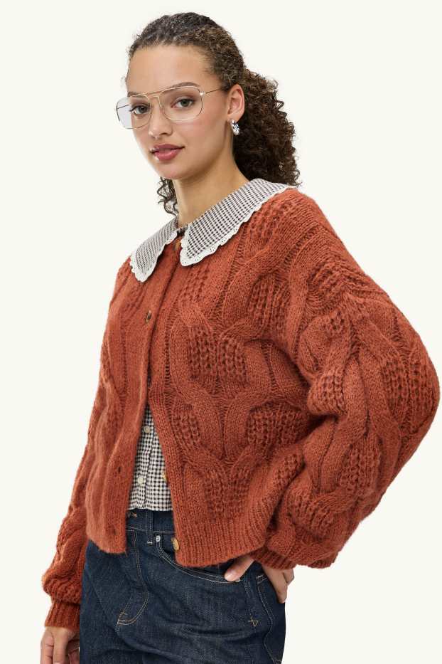 Donna - Cardigan - motivo a treccia - arancione
