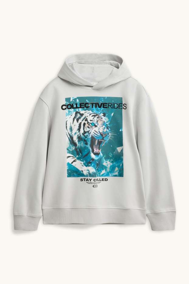 Děti - chlapci - Tygr - mikina s kapucí - světle šedá