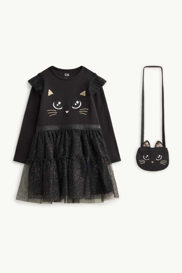 Bambine - Motivo gatto - set - vestito e borsa - effetto brillante - 2 pezzi - nero