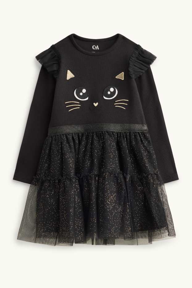 Bambine - Motivo gatto - set - vestito e borsa - effetto brillante - 2 pezzi - nero