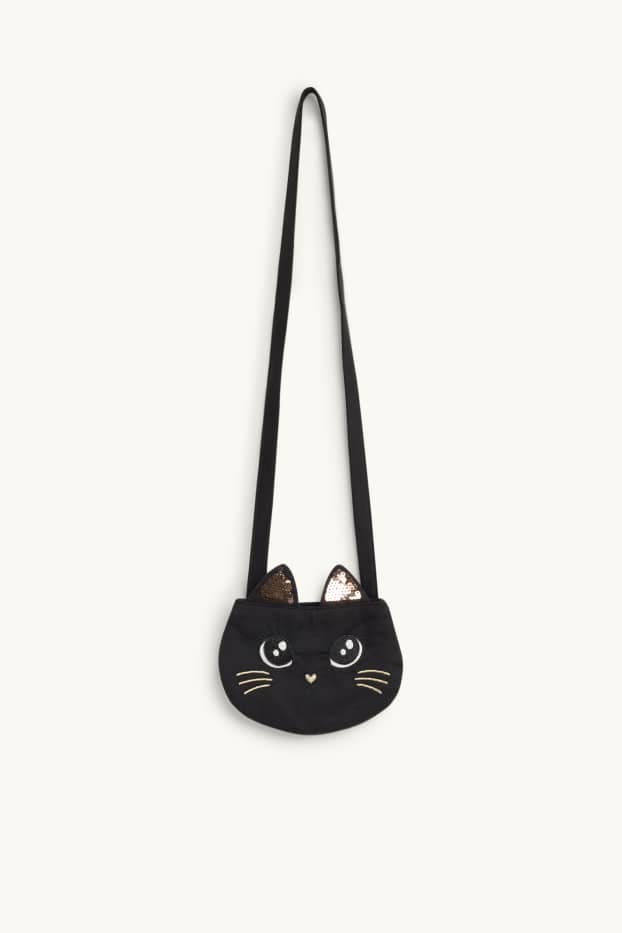 Bambine - Motivo gatto - set - vestito e borsa - effetto brillante - 2 pezzi - nero