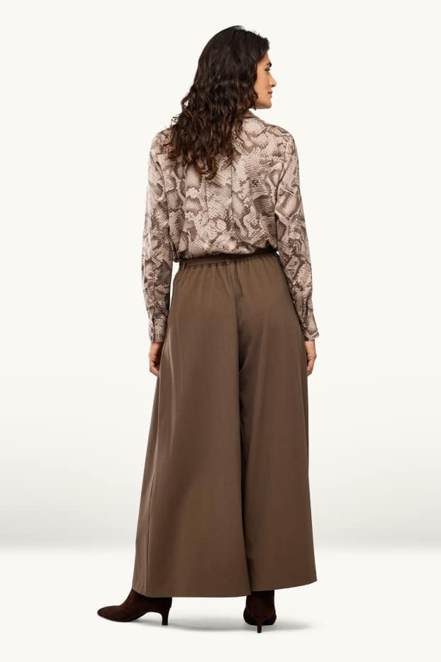 Femmes - Pantalon en toile avec ceinture - high waist - wide leg - marron foncé
