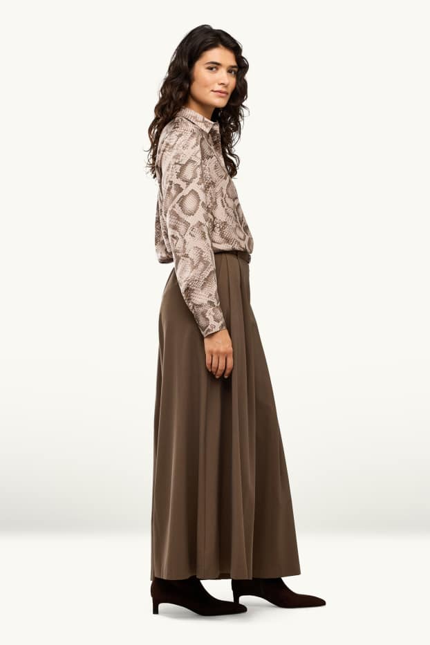 Femmes - Pantalon en toile avec ceinture - high waist - wide leg - marron foncé