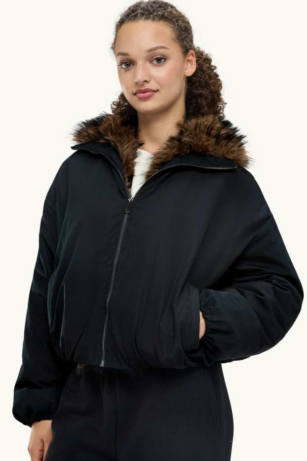 Damen - Jacke mit Kunstfellbesatz - gefüttert - schwarz