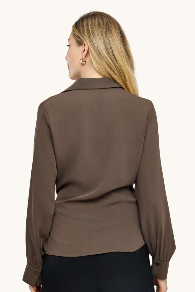 Women - Satin wrap blouse with knot detail - dark brown