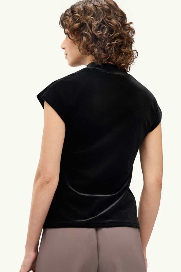 Damen - Samt-T-Shirt - Relaxed Fit - schwarz