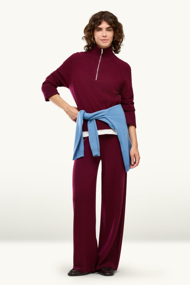 Dámské - Kašmírové kalhoty - mid waist - straight fit - bordeaux