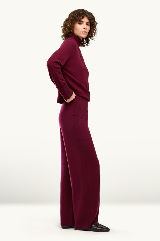Dámské - Kašmírové kalhoty - mid waist - straight fit - bordeaux