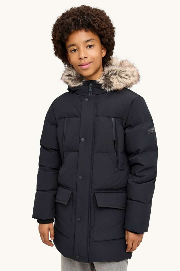 Kinder Buben - Daunen-Steppjacke mit Kunstfellbesatz und Kapuze - gefüttert - schwarz