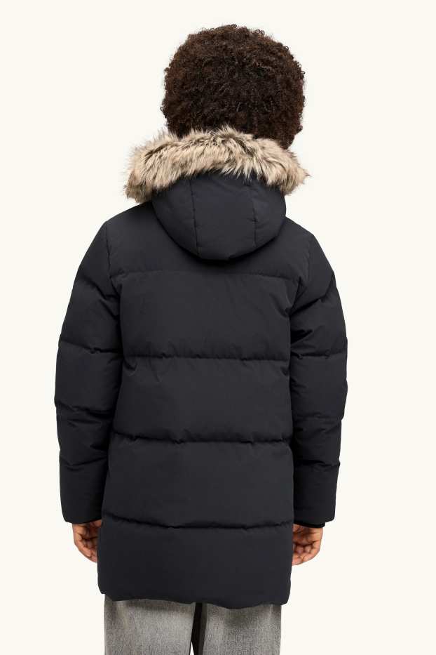 Kinder Buben - Daunen-Steppjacke mit Kunstfellbesatz und Kapuze - gefüttert - schwarz