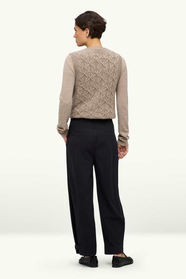 Femmes - Pantalon de bureau - high waist - relaxed fit - fines rayures - noir