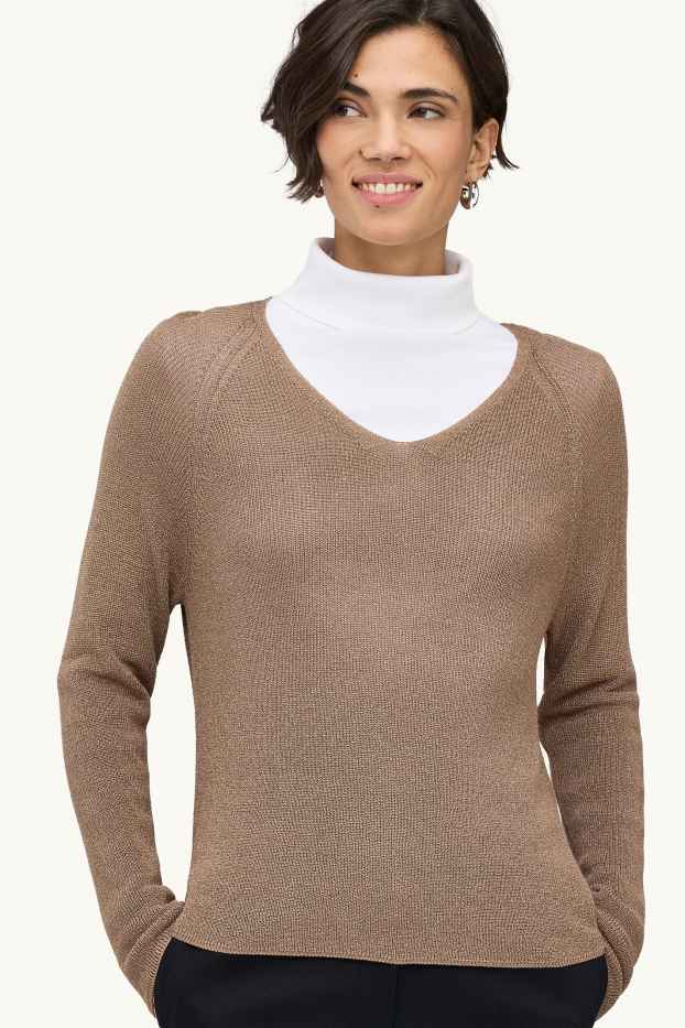 Femmes - Pull avec encolure en V - finition brillante - marron