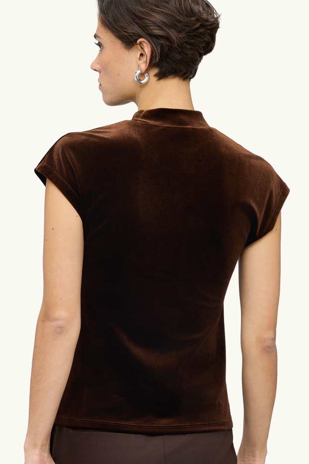 Women - Velvet T-shirt - relaxed fit - dark brown