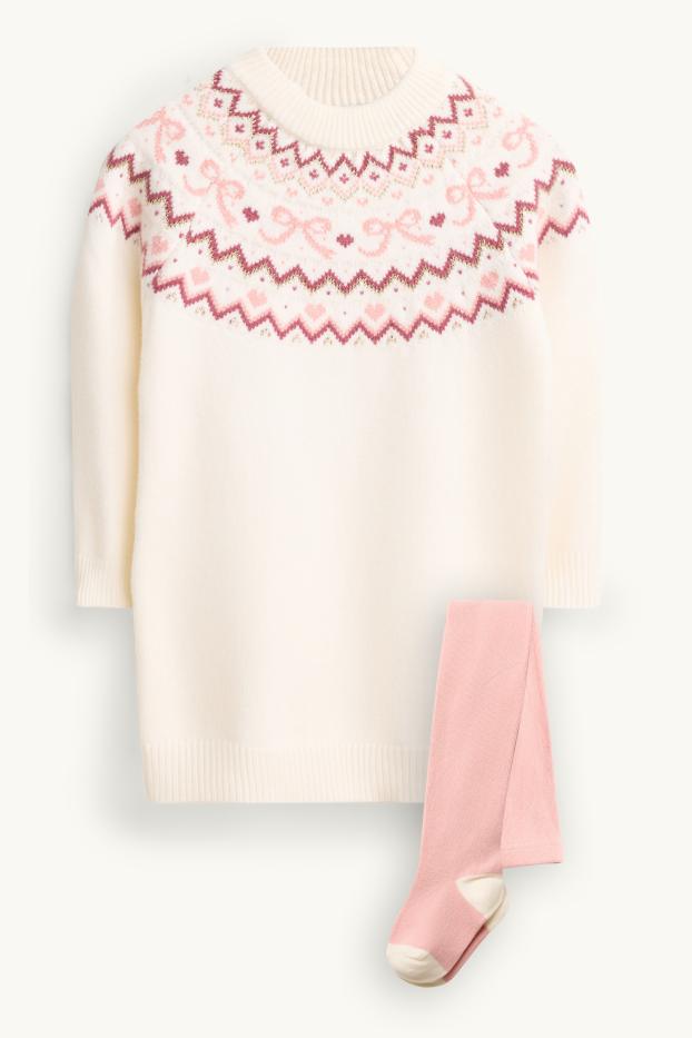 Children Girls - Bow - set - knitted dress and tights - 2 piece - cremewhite