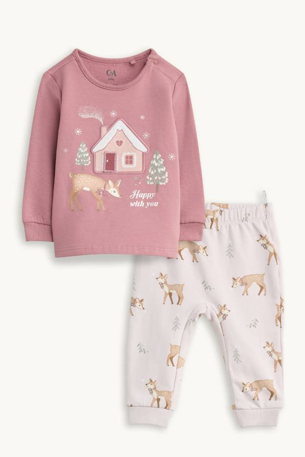 Bebés niñas - Reno y casita - pijama navideño para bebé - forro de peluche - rosa pálido