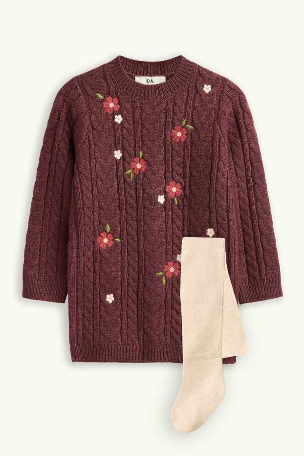 Children Girls - Floral - set - knitted dress and tights - 2 piece - beige / bordeaux