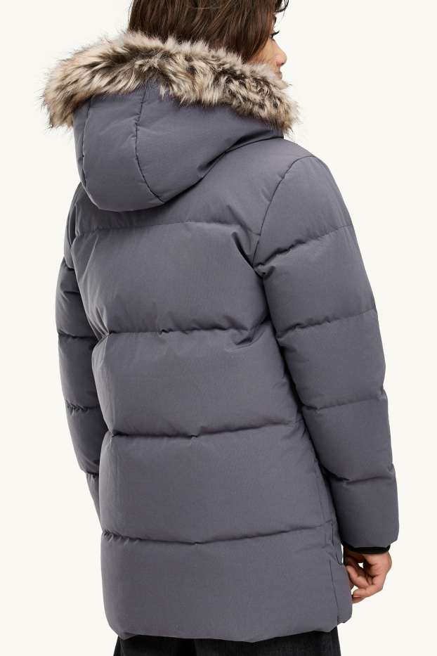 Kinder Buben - Daunen-Steppjacke mit Kunstfellbesatz und Kapuze - gefüttert - dunkelgrau